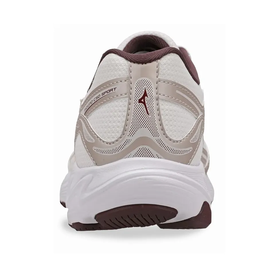 Tênis Mizuno CSD Sport branco com detalhes em rosa, vista detalhada do solado e amortecimento